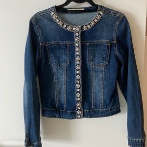 blue denim embellished with pearls and crystals